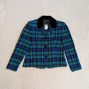 John Roberts Blue Green Black Tweed Plaid Velvet Collar Blazer Jacket Size 8